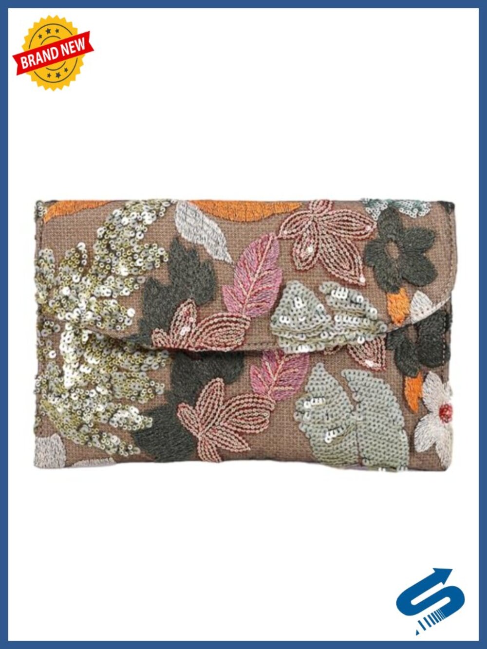 Sequin Embroidered Floral Envelope Clutch Handbag Wristlet Bohemian Evening